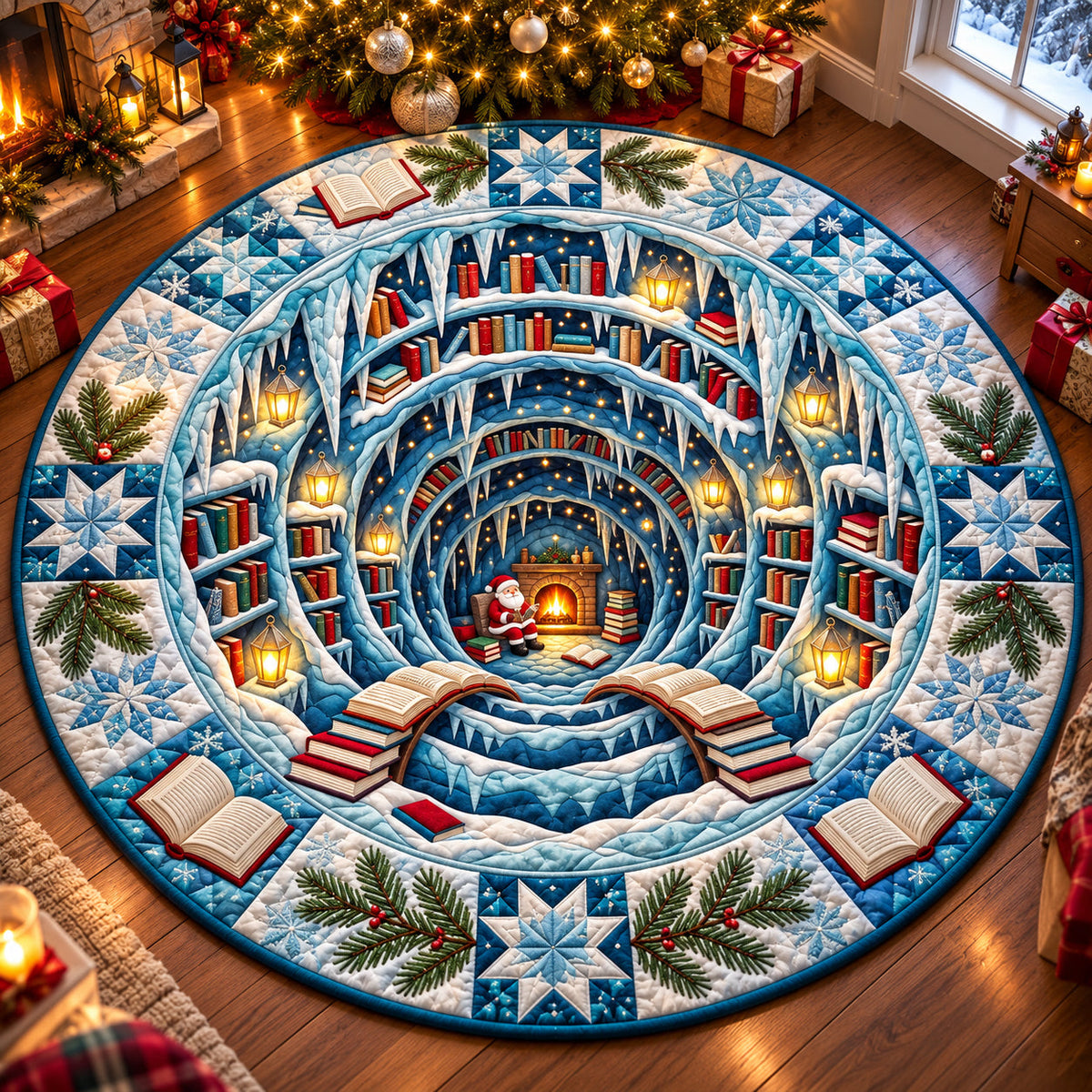 Snowy Book Haven Round Quilted Rug