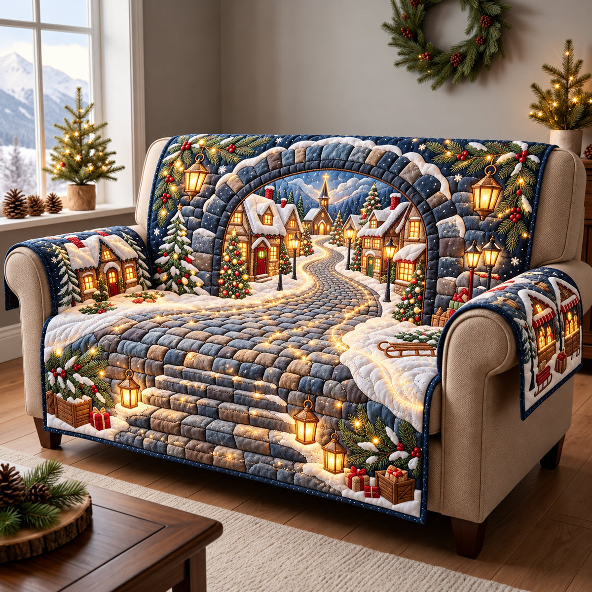 Snowy Christmas Village Quilted Sofa Cover