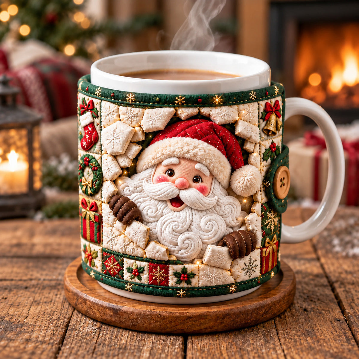Snowy Patchwork Santa Quilted Mug Cozy