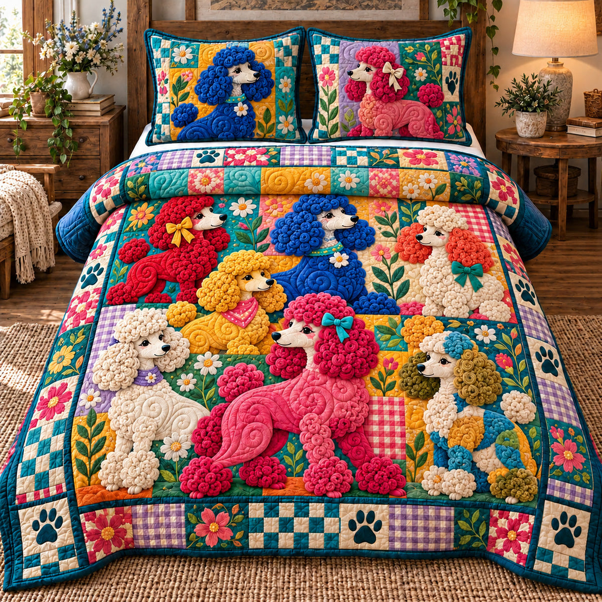 Colorful Poodle Patchwork 3-Piece Quilted Bedding Set