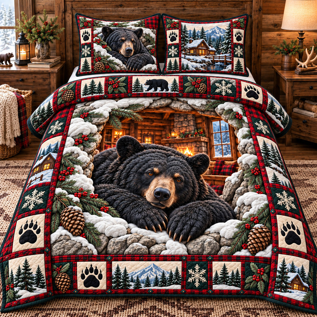 Cozy Cabin Bear 3-Piece Quilted Bedding Set