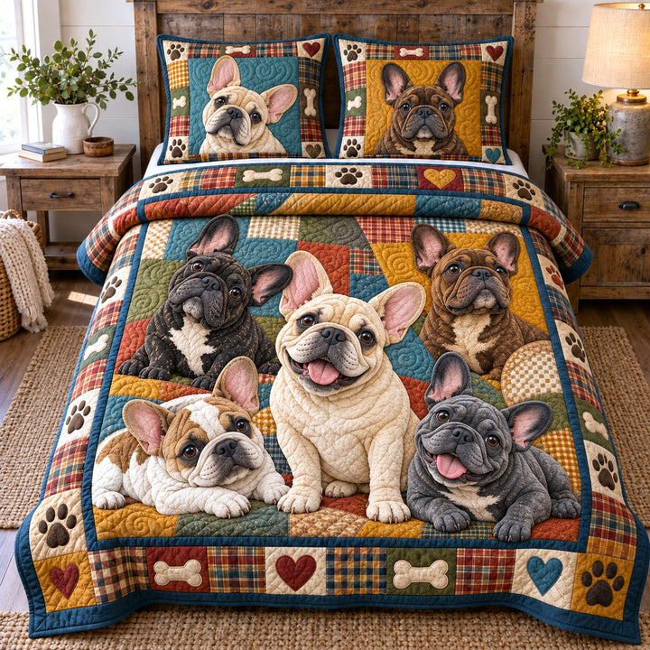 Cozy Plaid Frenchies 3-Piece Quilted Bedding Set