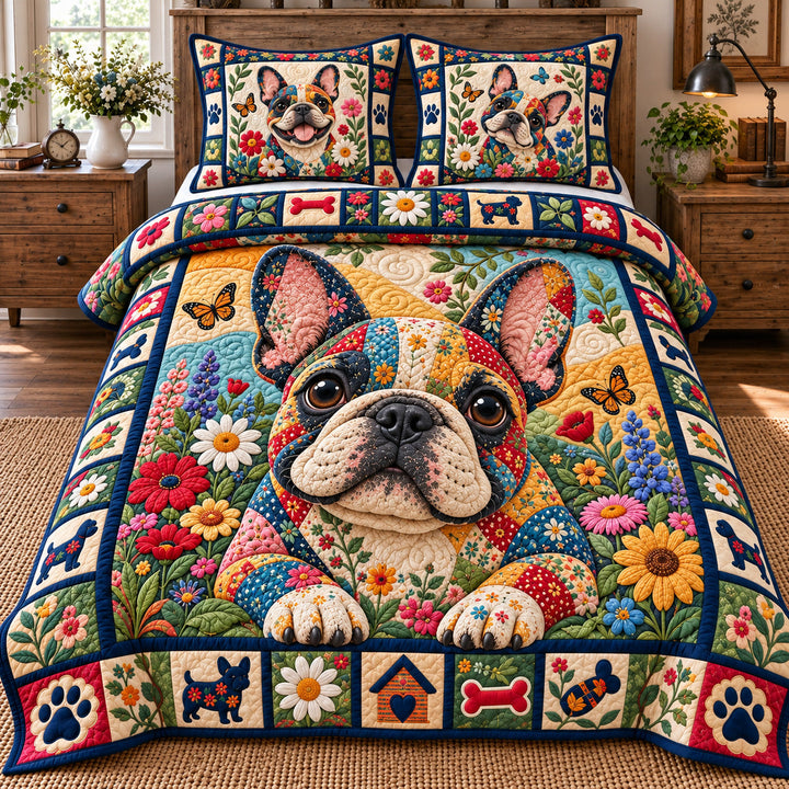 Floral Bulldog Patchwork 3-Piece Quilted Bedding Set