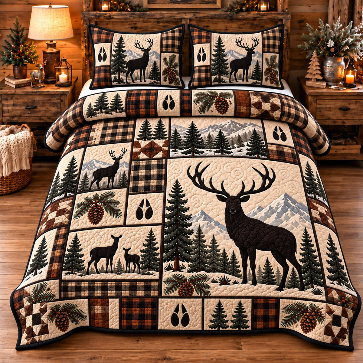 Rustic Deer Patchwork 3-Piece Quilted Bedding Set