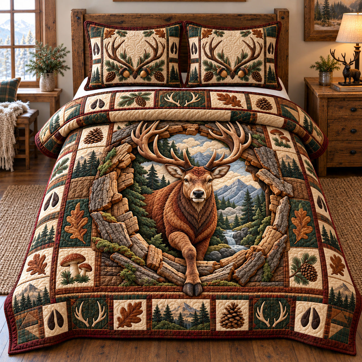 Wild Woodland Deer 3-Piece Quilted Bedding Set