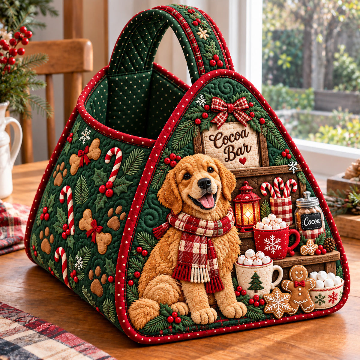 Holiday Golden Retriever Christmas Quilted Basket